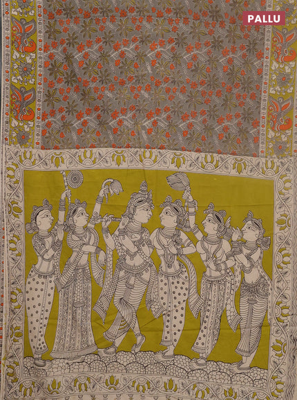 Kalamkari cotton saree grey and light green with allover prints and printed border