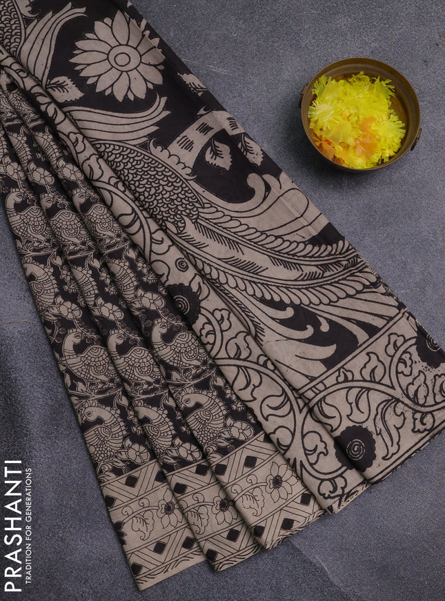 Kalamkari cotton saree black and beige with allover prints and printed border