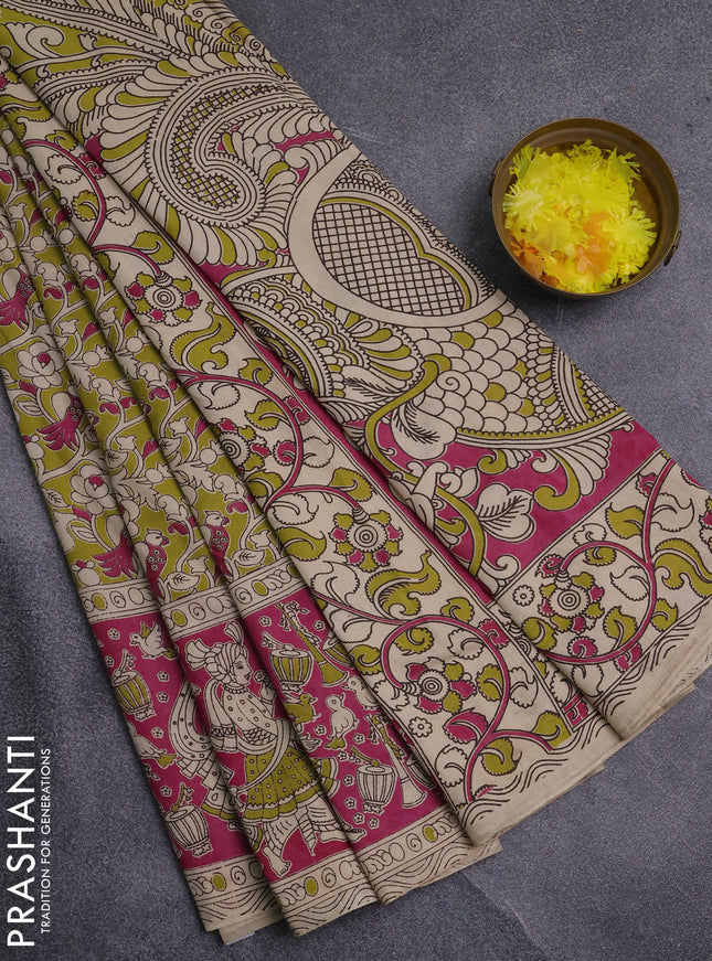 Kalamkari cotton saree mehendi green and pink with allover prints and printed border