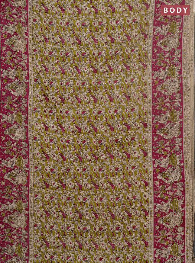 Kalamkari cotton saree mehendi green and pink with allover prints and printed border