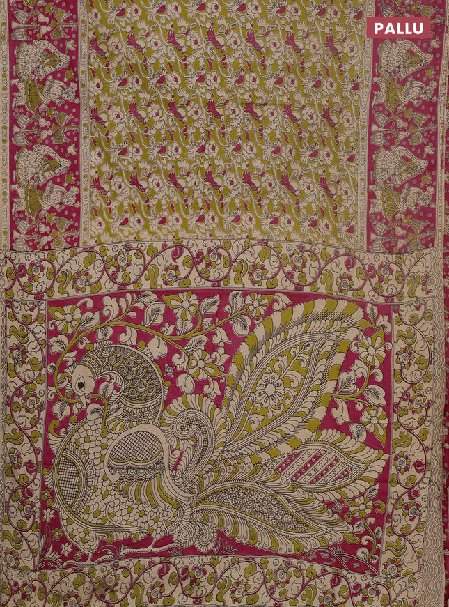 Kalamkari cotton saree mehendi green and pink with allover prints and printed border