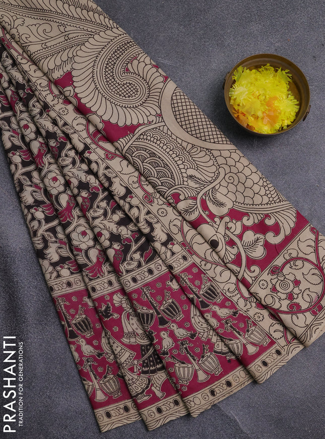 Kalamkari cotton saree black and pink with allover prints and printed border