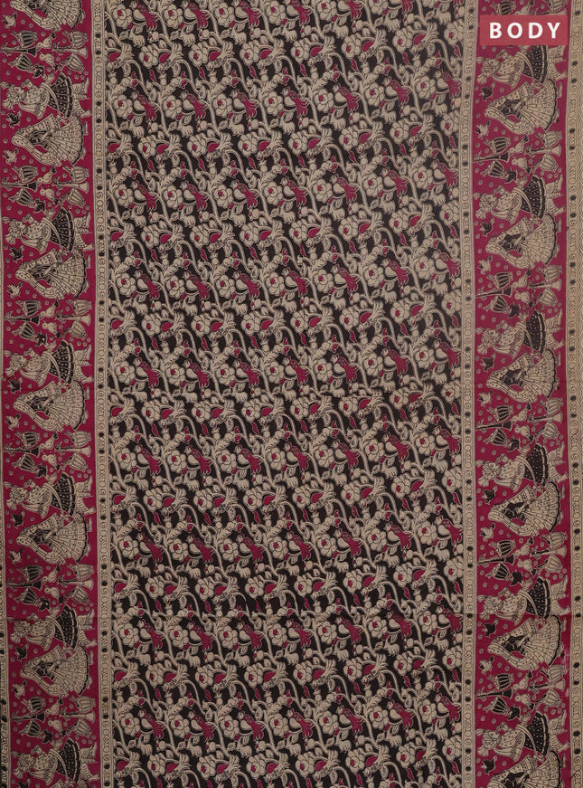Kalamkari cotton saree black and pink with allover prints and printed border