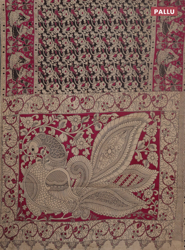 Kalamkari cotton saree black and pink with allover prints and printed border