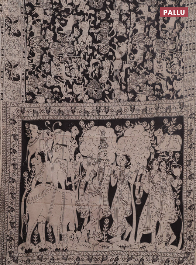 Kalamkari cotton saree black and beige with allover prints and printed border