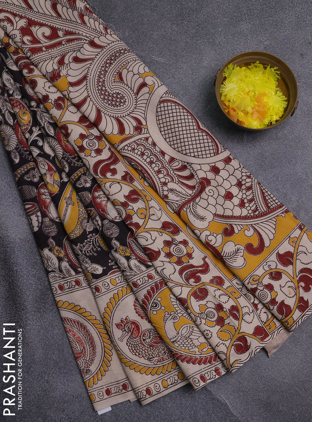 Kalamkari cotton saree black and maroon with allover prints and printed border