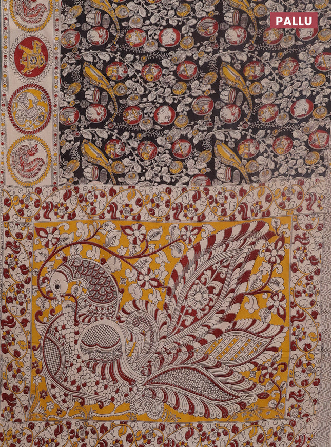 Kalamkari cotton saree black and maroon with allover prints and printed border