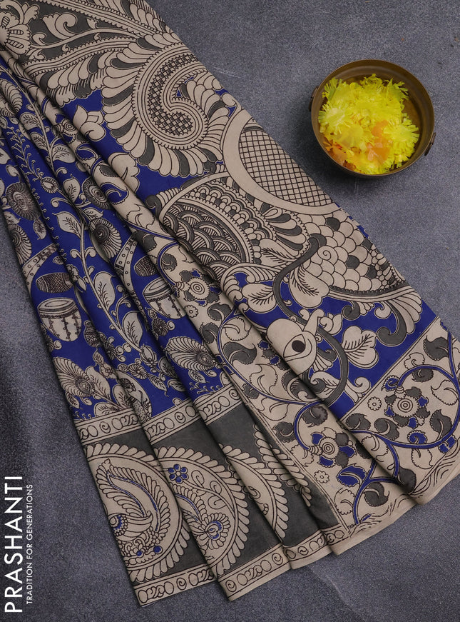 Kalamkari cotton saree blue and grey with allover prints and printed border