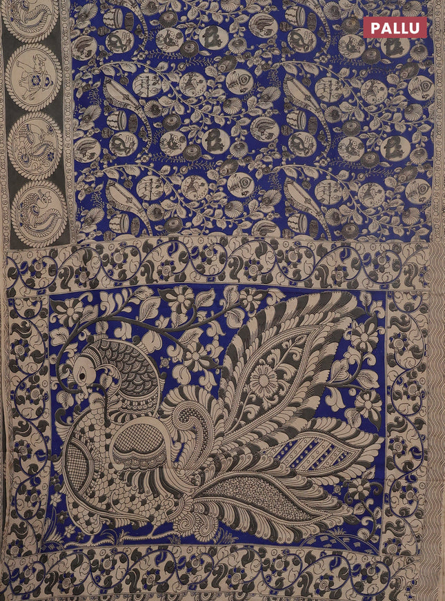 Kalamkari cotton saree blue and grey with allover prints and printed border