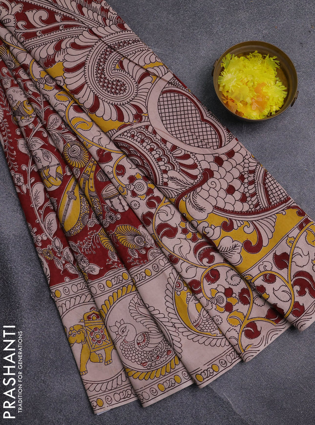 Kalamkari cotton saree maroon and yellow with allover prints and printed border