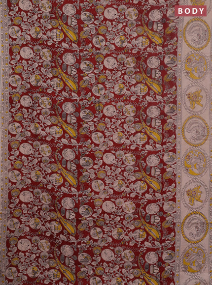 Kalamkari cotton saree maroon and yellow with allover prints and printed border