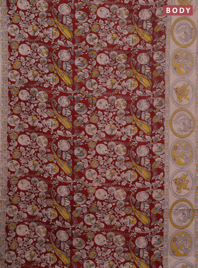 Kalamkari cotton saree maroon and yellow with allover prints and printed border