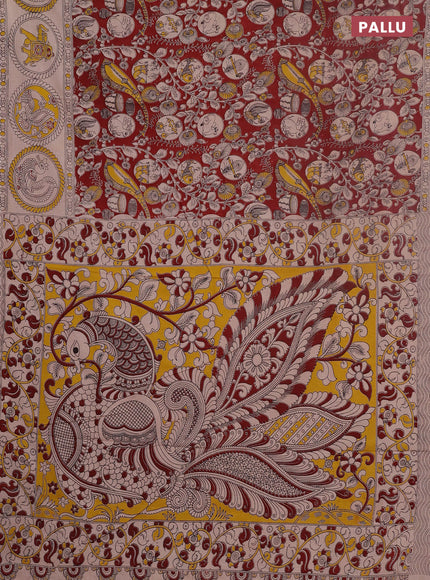 Kalamkari cotton saree maroon and yellow with allover prints and printed border