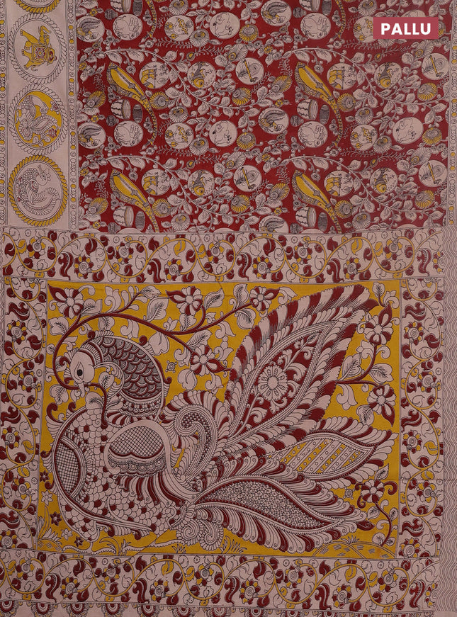 Kalamkari cotton saree maroon and yellow with allover prints and printed border