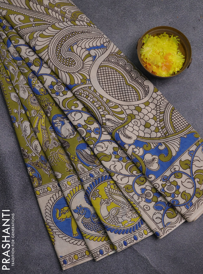 Kalamkari cotton saree mehendi green and blue with allover prints and printed border