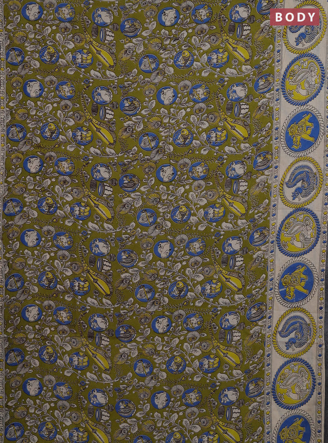Kalamkari cotton saree mehendi green and blue with allover prints and printed border