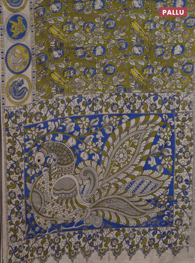 Kalamkari cotton saree mehendi green and blue with allover prints and printed border