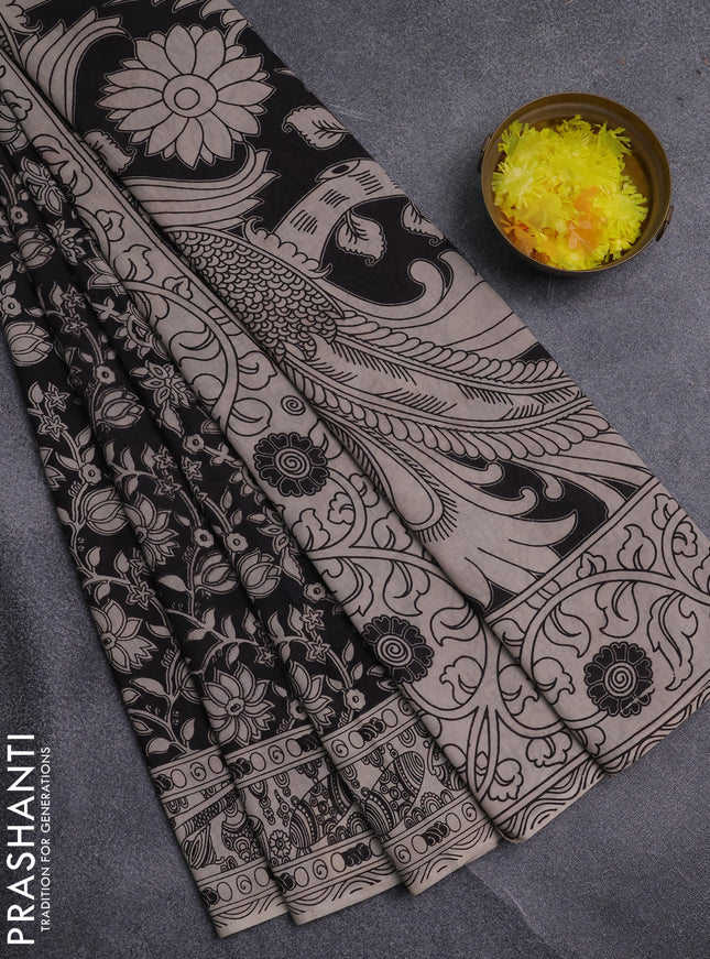 Kalamkari cotton saree black and beige with allover prints and printed border
