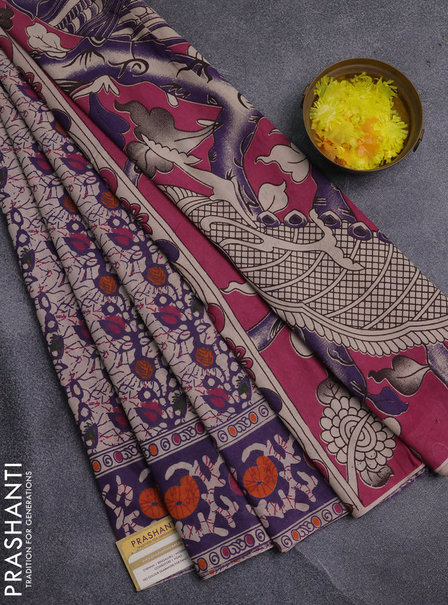 Kalamkari cotton saree lavender and beige with allover prints and printed border