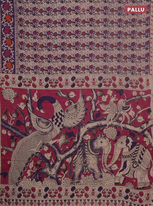 Kalamkari cotton saree lavender and beige with allover prints and printed border