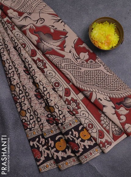 Kalamkari cotton saree beige and black with allover prints and printed border