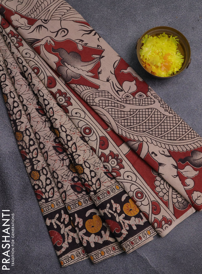 Kalamkari cotton saree beige and black with allover prints and printed border