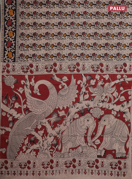 Kalamkari cotton saree beige and black with allover prints and printed border