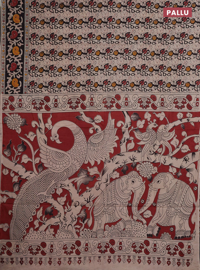 Kalamkari cotton saree beige and black with allover prints and printed border