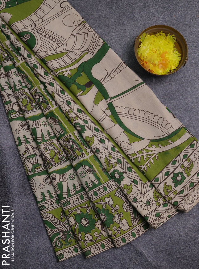 Kalamkari cotton saree green and light green with allover prints and printed border