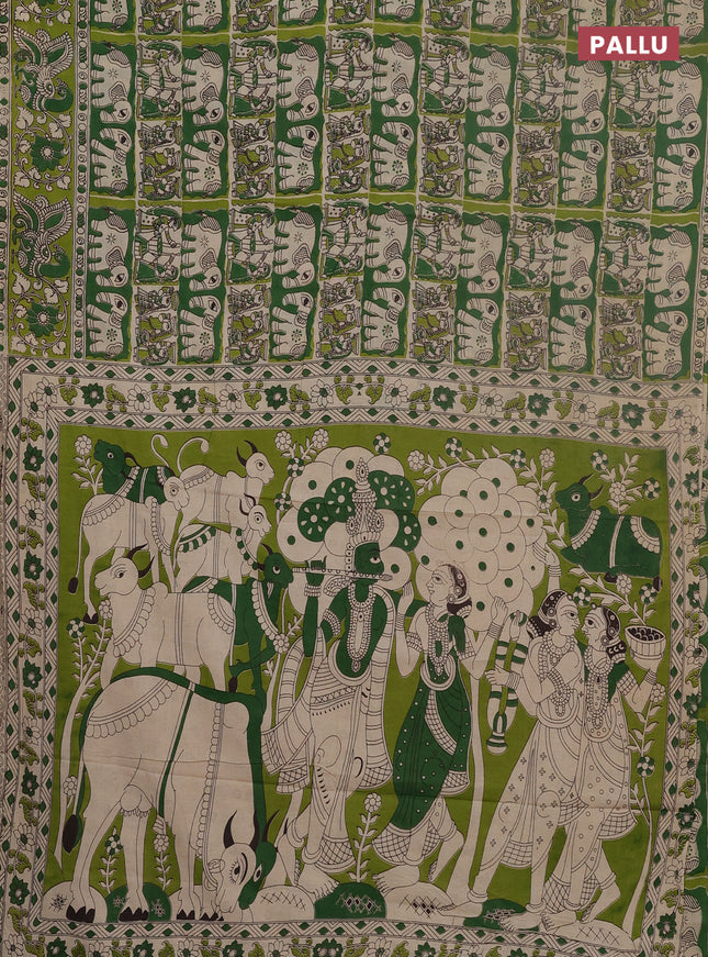 Kalamkari cotton saree green and light green with allover prints and printed border