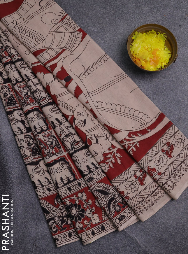 Kalamkari cotton saree maroon and black with allover prints and printed border