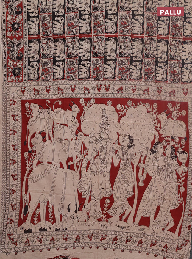 Kalamkari cotton saree maroon and black with allover prints and printed border