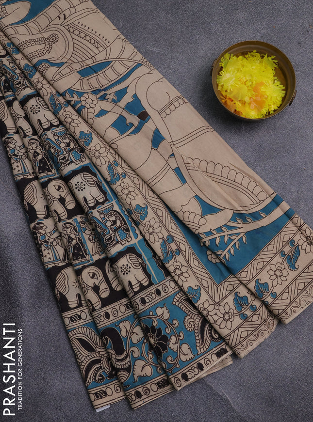 Kalamkari cotton saree teal green and black with allover prints and printed border