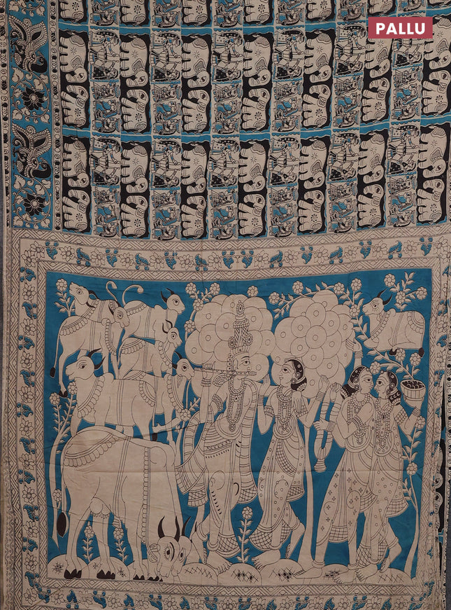 Kalamkari cotton saree teal green and black with allover prints and printed border