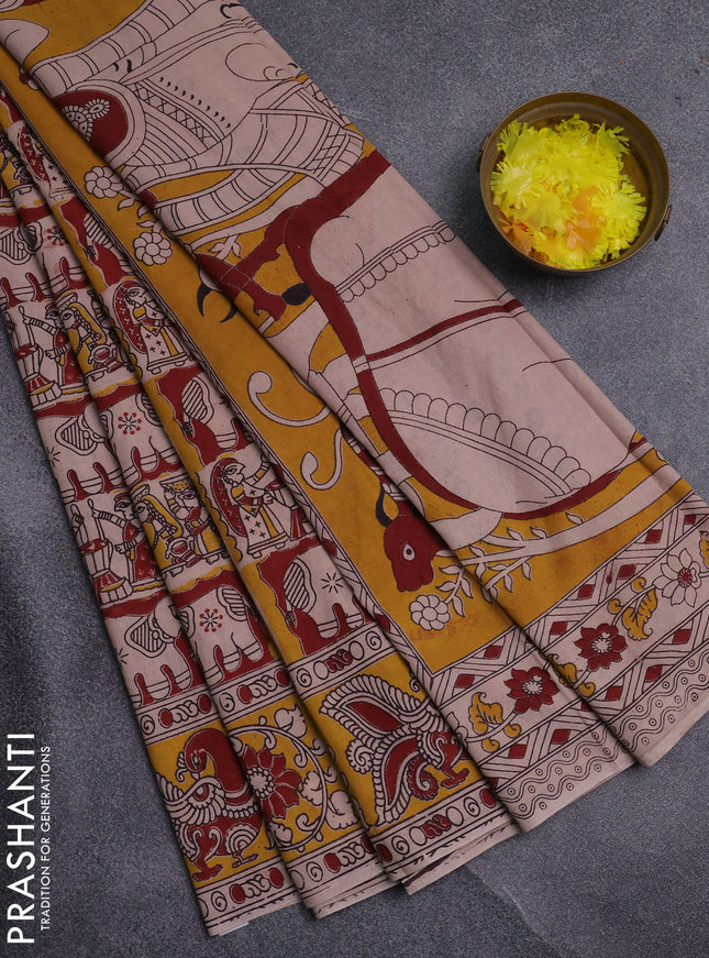 Kalamkari cotton saree maroon and yellow with allover prints and printed border