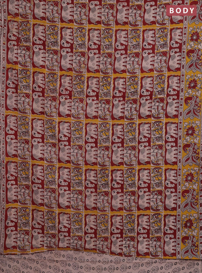 Kalamkari cotton saree maroon and yellow with allover prints and printed border