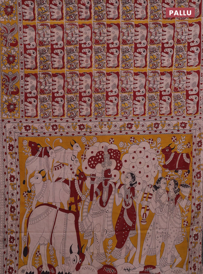 Kalamkari cotton saree maroon and yellow with allover prints and printed border