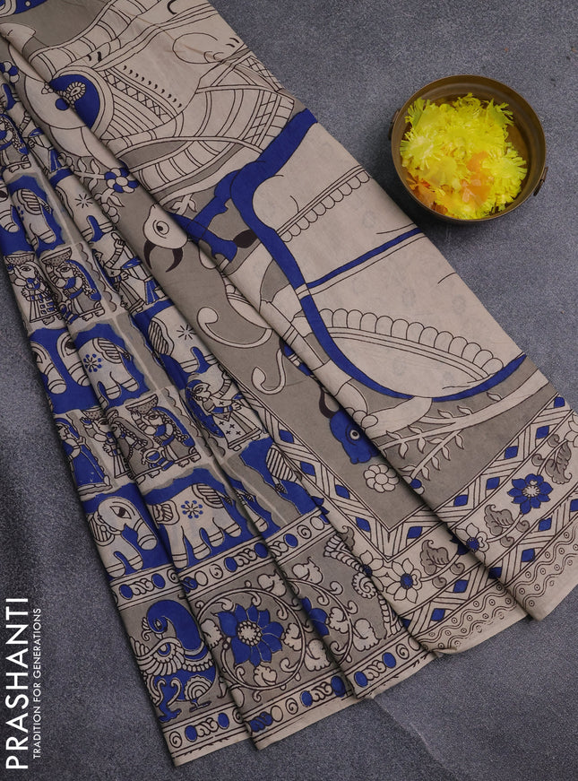 Kalamkari cotton saree blue and beige with allover prints and printed border
