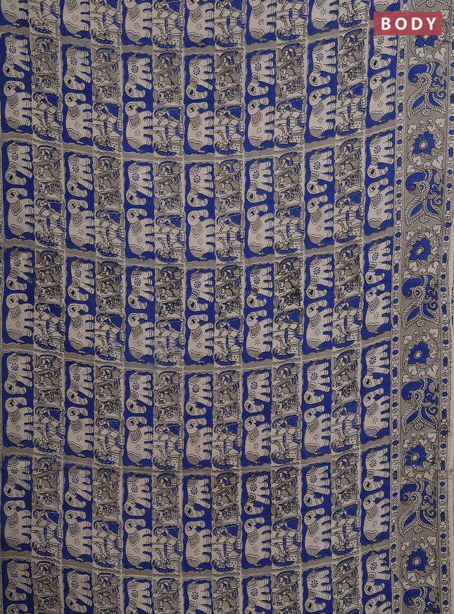 Kalamkari cotton saree blue and beige with allover prints and printed border