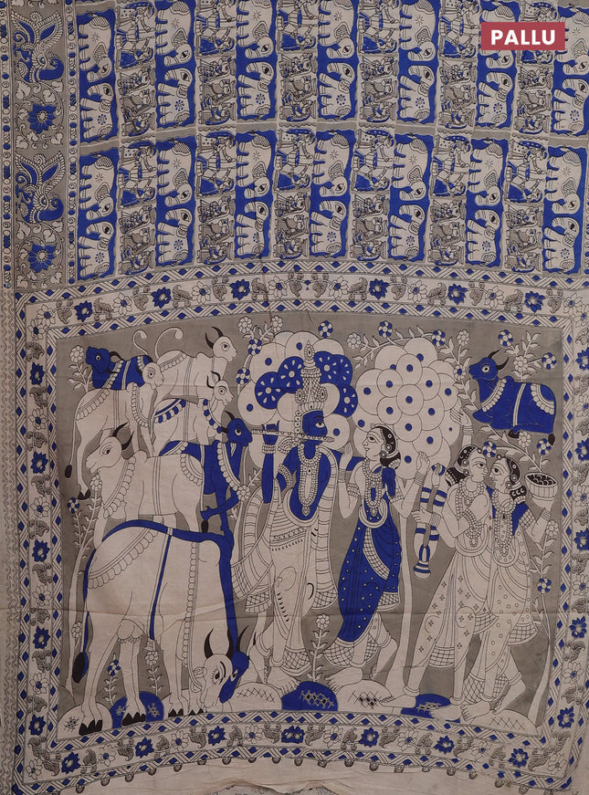 Kalamkari cotton saree blue and beige with allover prints and printed border