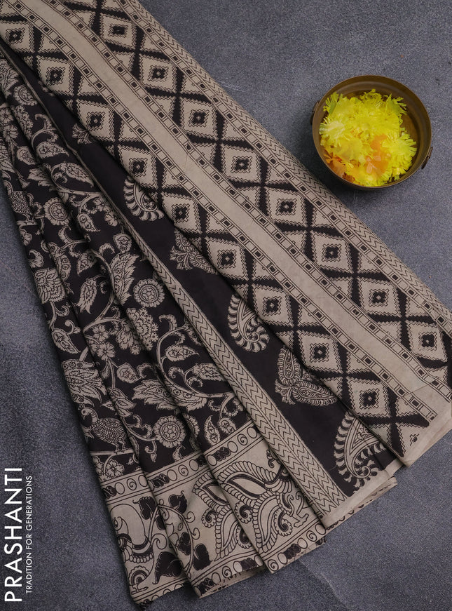 Kalamkari cotton saree black and beige with allover prints and printed border