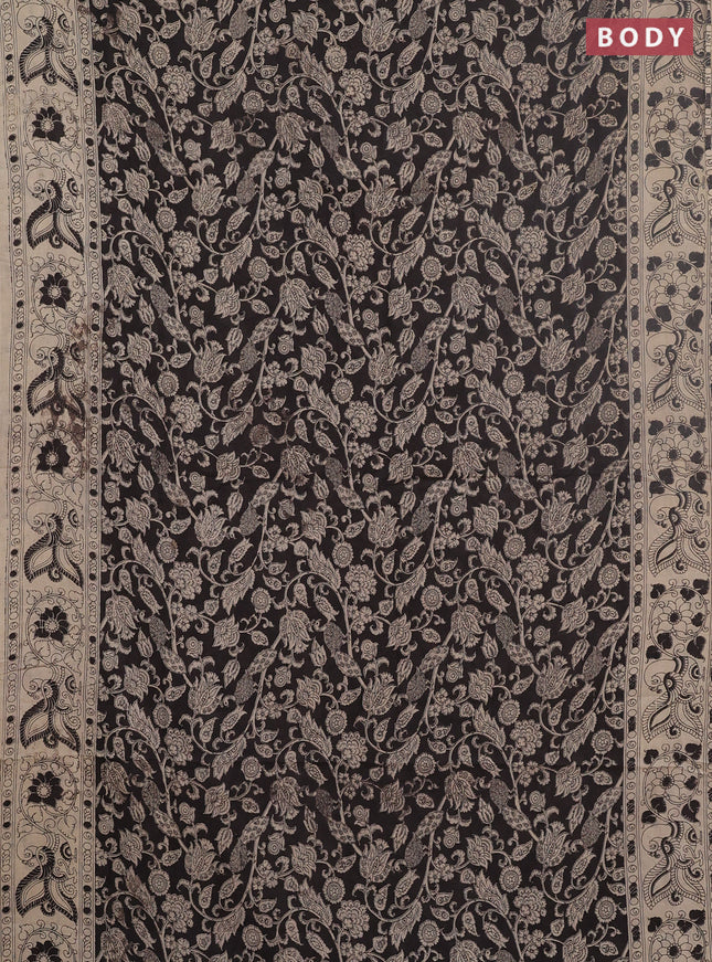 Kalamkari cotton saree black and beige with allover prints and printed border