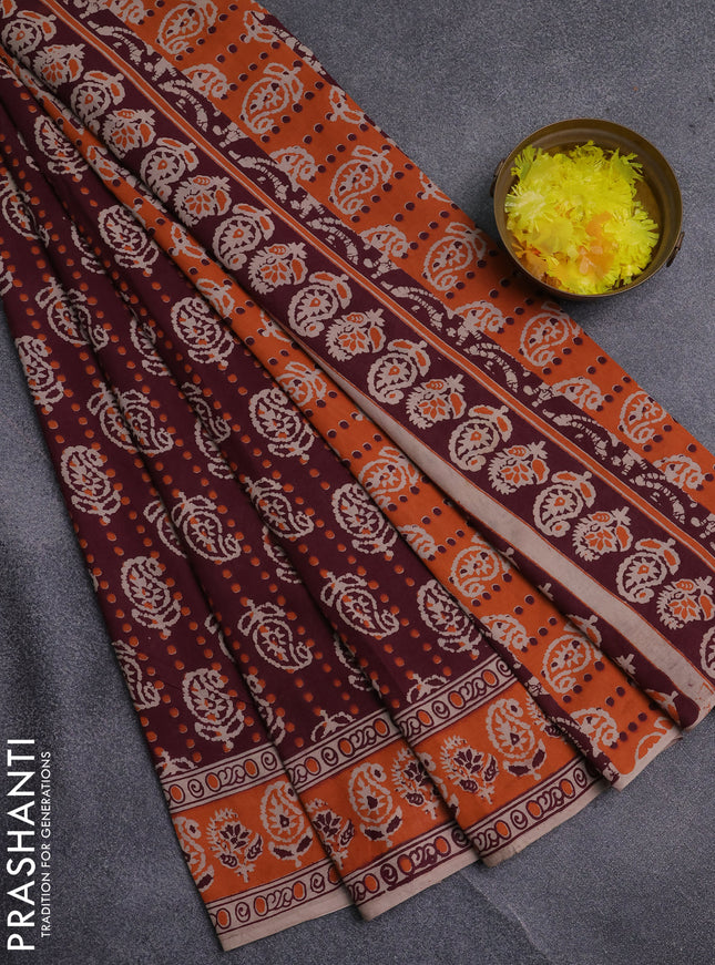 Kalamkari cotton saree wine shade and orange with allover paisley prints and printed border
