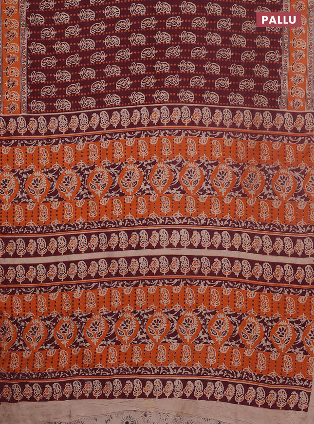 Kalamkari cotton saree wine shade and orange with allover paisley prints and printed border