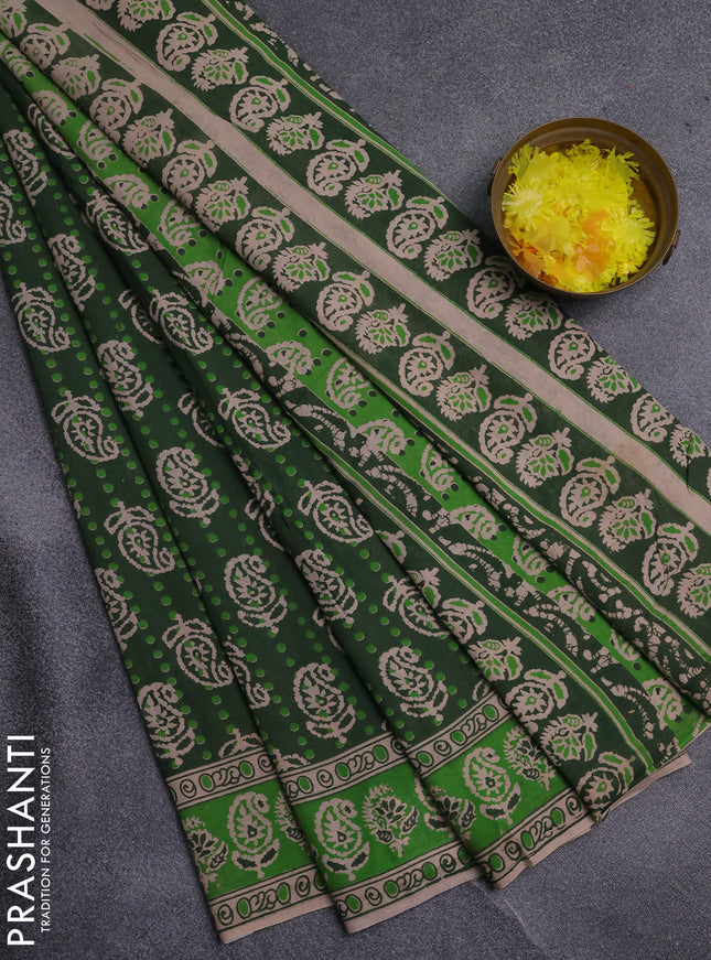 Kalamkari cotton saree bottle green and light green with allover paisley prints and printed border