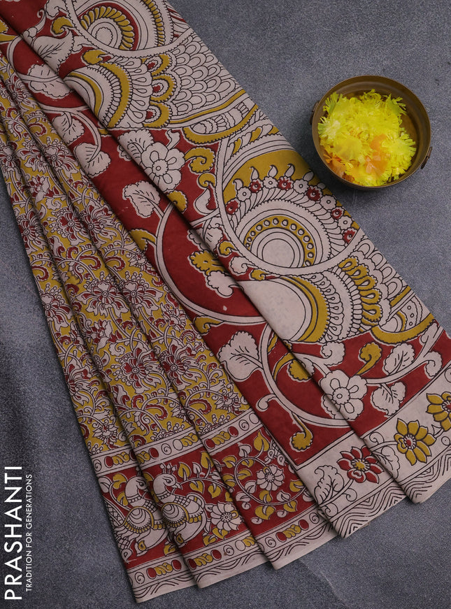 Kalamkari cotton saree yellow and maroon with allover prints and printed border