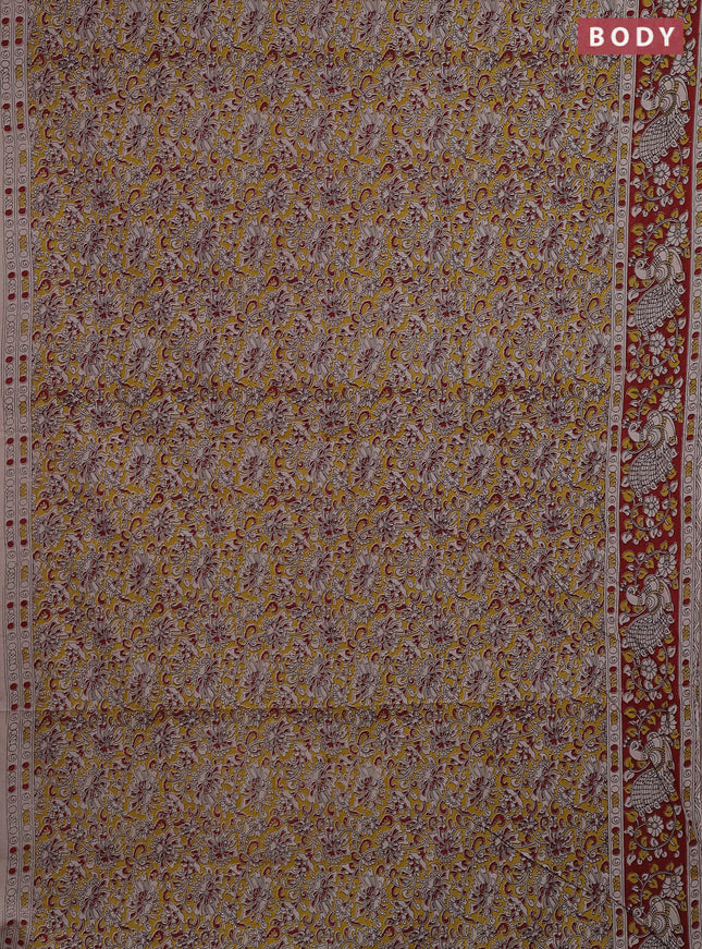 Kalamkari cotton saree yellow and maroon with allover prints and printed border