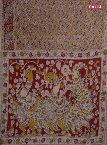 Kalamkari cotton saree yellow and maroon with allover prints and printed border