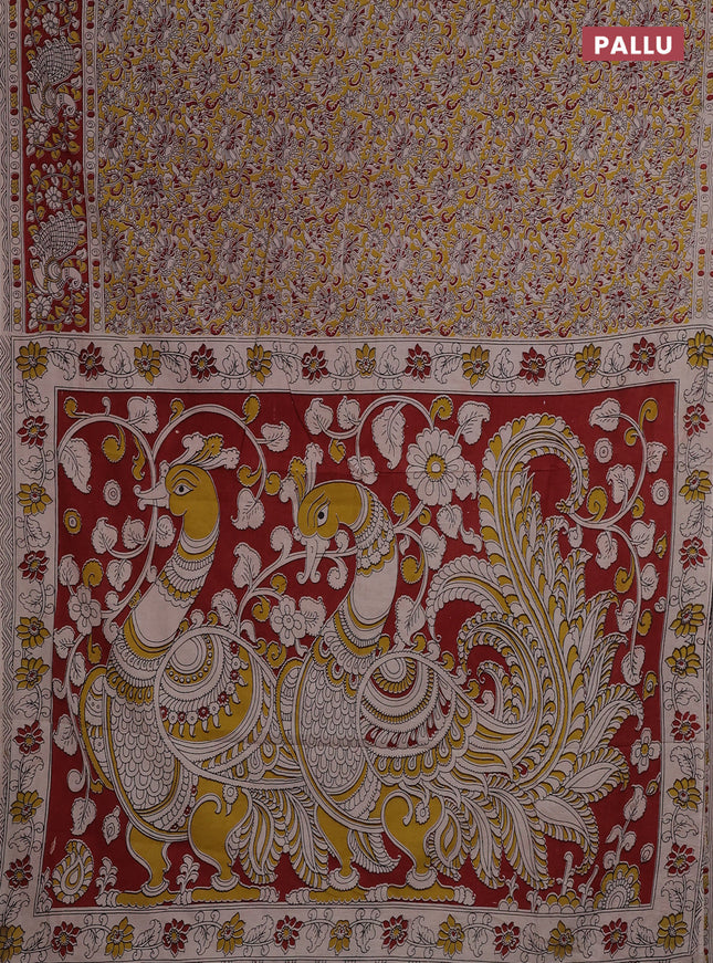 Kalamkari cotton saree yellow and maroon with allover prints and printed border