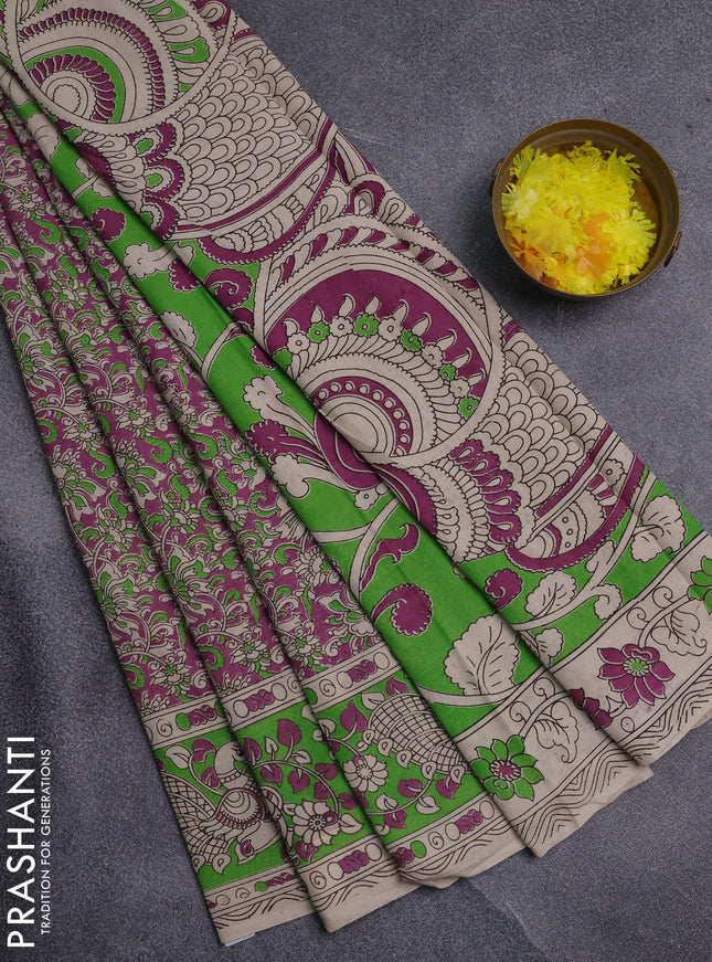 Kalamkari cotton saree pink and light green with allover prints and printed border